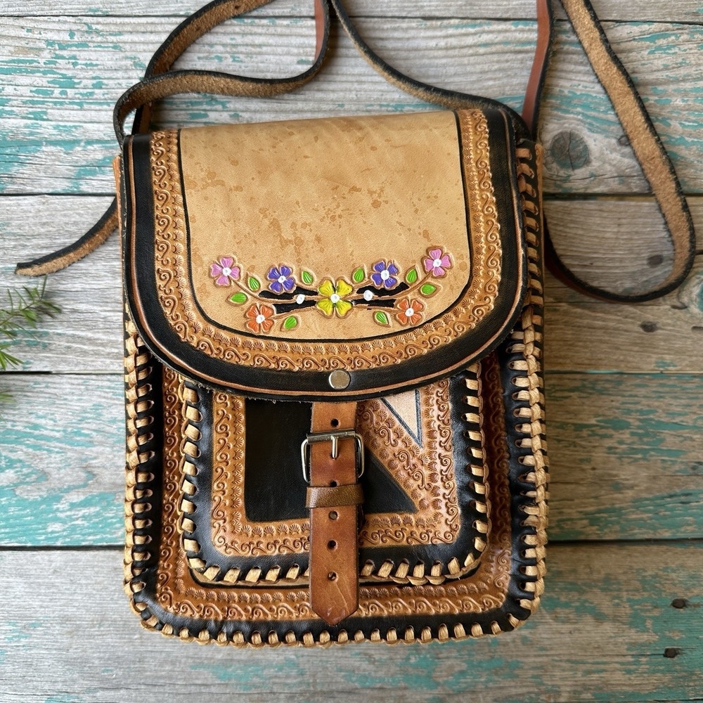 Artisan Satchel Crossover Bag 7.5"x9.5" Tooled Aztec Floral Brown Black Leather